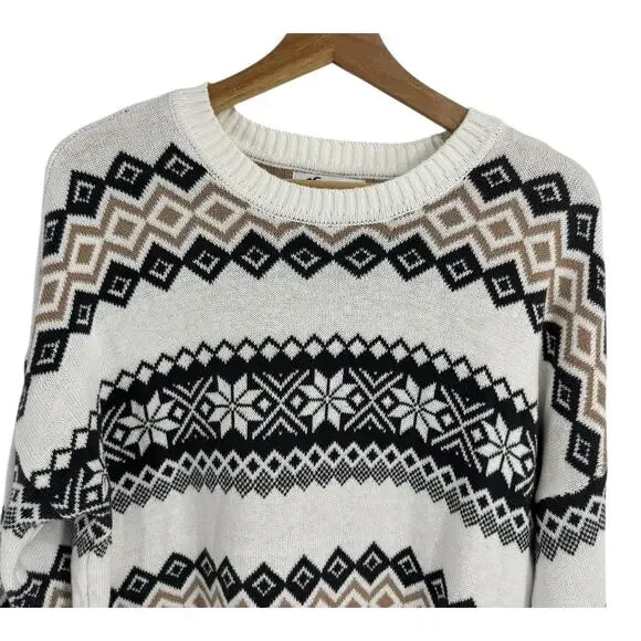 Hollister Women’s S Small Oversized Crewneck Sweater Fair Isle Cream Black Tan - Picture 5 of 14
